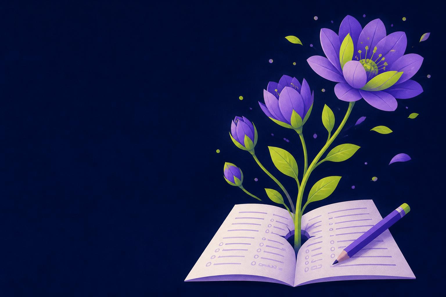 A flower blooming out of an open exam paper, petals unfurling from bud to full bloom